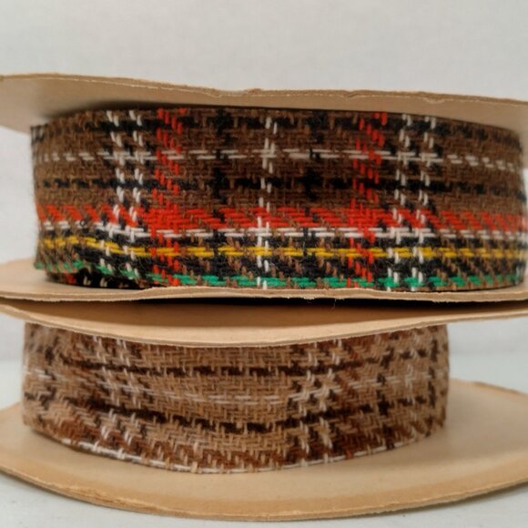 Vintage 1970s Ribbon Spool Pair Scotty Plaid Weather Proof Decorator Woven 1 3/8 - Picture 2 of 16